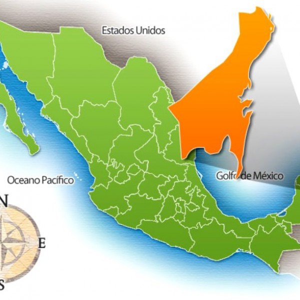 A narancssárga rész Quintana Roo (benne Cancún), mellette másik két állam zölddel teszi ki a Yucatán-félszigetet, ami kb. 1 Magyarországnyi terület